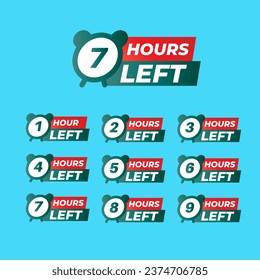 Countdown of Hours 1,2,3,4,5,6,7,8,9,10 Hours left badges. Hours left counter icon for promotion, promo offer. Flat badge with number of count down time.