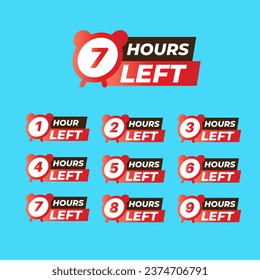 Countdown of Hours 1,2,3,4,5,6,7,8,9,10 Hours left badges. Hours left counter icon for promotion, promo offer. Flat badge with number of count down time.