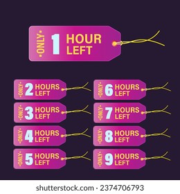 Countdown of Hours 1,2,3,4,5,6,7,8,9,10 Hours left badges. Hours left counter icon for promotion, promo offer. Flat badge with number of count down time.