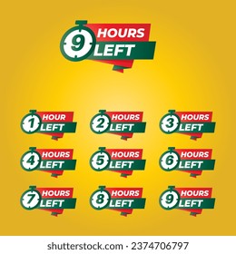 Countdown of Hours 1,2,3,4,5,6,7,8,9,10 Hours left badges. Hours left counter icon for promotion, promo offer. Flat badge with number of count down time.
