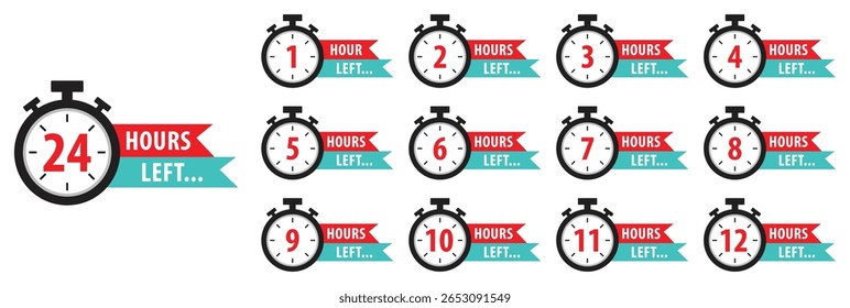 Countdown hours left from 1 to 24 hours badge set for social media post, promotion, promo offer. Color hours icon. Flat design. Isolated vector illustration.