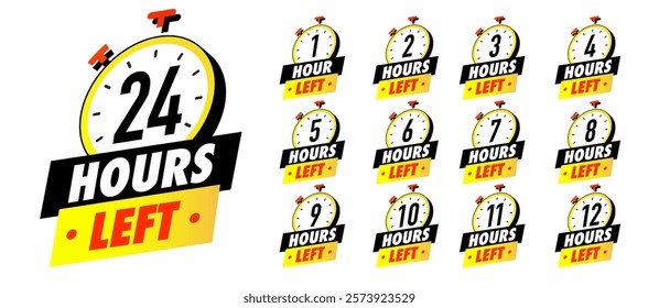 Countdown hours left 1,2,3,4,5,6,7,8,9,10,12,24 badge set