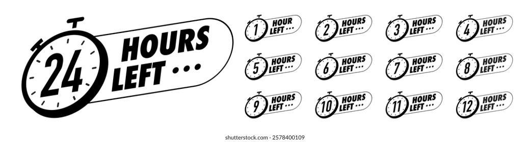 Countdown hours left 1,2,3,4,5,6,7,8,9,10,12,24 badge set