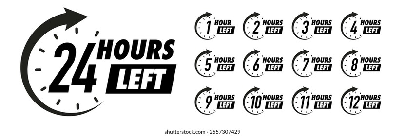 Countdown hours left vector 1,2,3,4,5,6,7,8,9,10,12,24 badge set