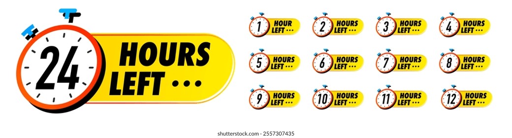 Countdown hours left vector 1,2,3,4,5,6,7,8,9,10,12,24 badges set