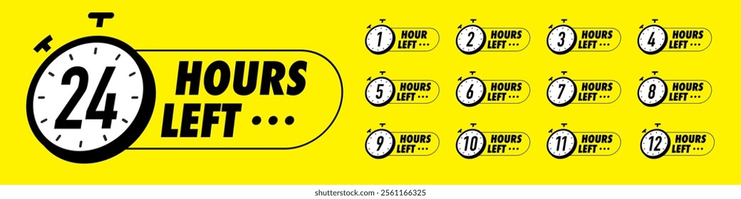 Countdown hours left vector 1,2,3,4,5,6,7,8,9,10,12,24 badges set