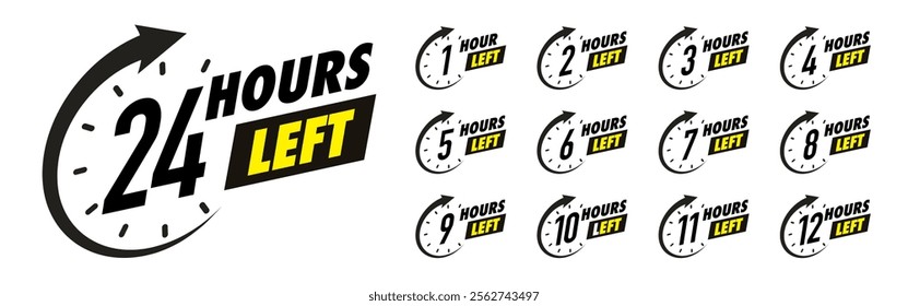 Countdown hours left vector 1,2,3,4,5,6,7,8,9,10,12,24 badge set