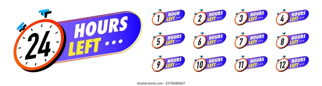 Countdown hours left vector 1,2,3,4,5,6,7,8,9,10,12,24 badges set