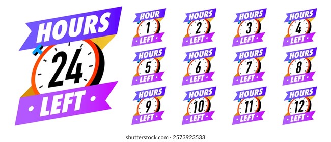 Countdown hours left vector 1,2,3,4,5,6,7,8,9,10,12,24 badge set