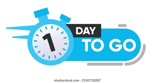 Countdown-Symbol mit Text "1 Day to Go" und einer Stoppuhr-Illustration in blauen und weißen Farben einzeln auf weißem Hintergrund.