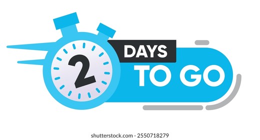 Countdown icon with "2 Days to Go" text and a stopwatch illustration in blue and white colors isolated on a white background.