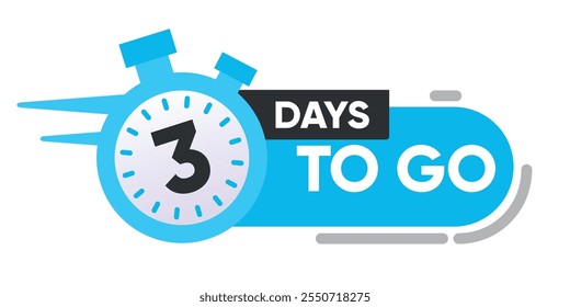 Countdown icon with "3 Days to Go" text and a stopwatch illustration in blue and white colors isolated on a white background.