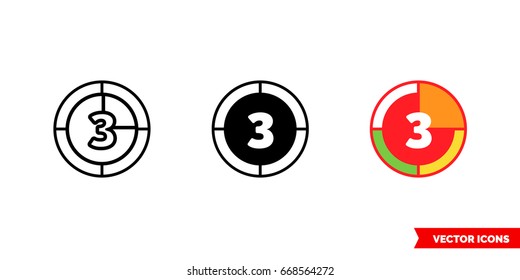 Countdown icon of 3 types: color, black and white, outline. Isolated vector sign symbol.