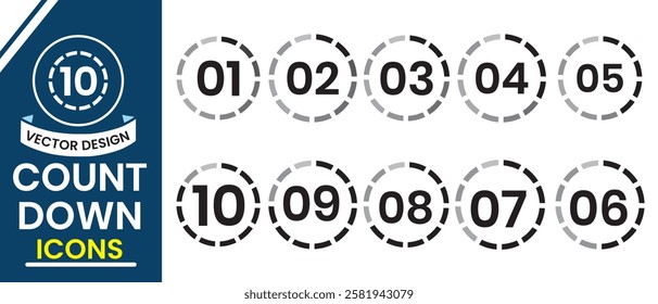 Countdown icon, clock symbols, set of timer icons, stopwatch signs, vector. Digital stopwatch, timer, clock, stopwatch  icon set. Vector illustration.