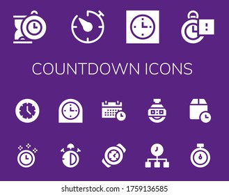 countdown icon set. 14 filled countdown icons. Included Clock, Timer, Stopclock, Time, Watch, Stop watch, Schedule, Stopwatch, Wait time icons