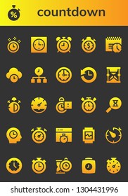 countdown icon set. 26 filled countdown icons.  Collection Of - Time, Stopwatch, Clock, Alarma clock, Deadline, History, Hourglass, Stop watch, Stopclock, Timer, Sandclock, Chronometer