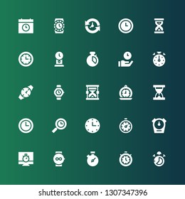 countdown icon set. Collection of 25 filled countdown icons included Stop watch, Timer, Chronometer, Watch, Stopwatch, Stopclock, Wall clock, Time, Sand clock, Clock, Hourglass