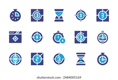 Conjunto de iconos de cuenta atrás. Color duotono. Ilustración vectorial. Contiene cuenta atrás, temporizador, reloj, reloj de arena.