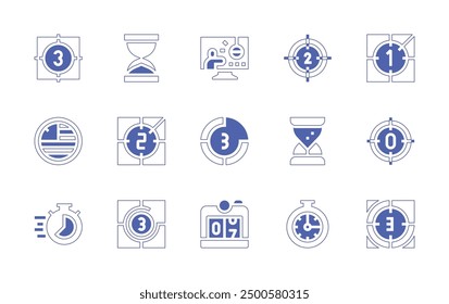 Countdown icon set. Duotone style line stroke and bold. Vector illustration. Containing chronometer, counter, countdown, minutes, hourglass, clock.