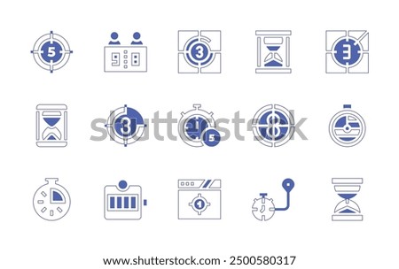 Countdown icon set. Duotone style line stroke and bold. Vector illustration. Containing countdown, counting, timer, hourglass, location, counter, sandclock.