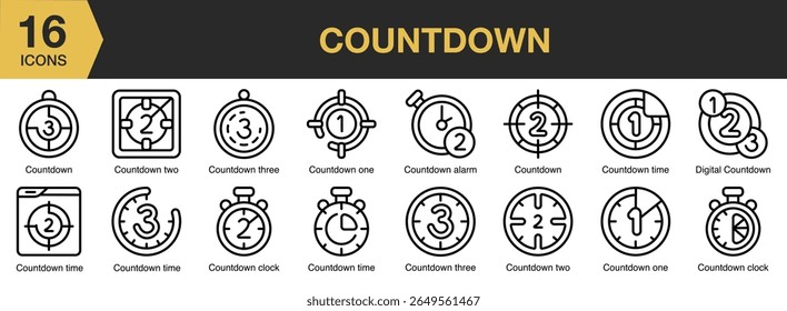 Countdown icon set. Includes countdown, clock, time, timer, number, alarm, and More. Outline icons vector collection.