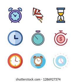 countdown icon set. vector set about hourglass, stopwatch, clock and firework icons set.
