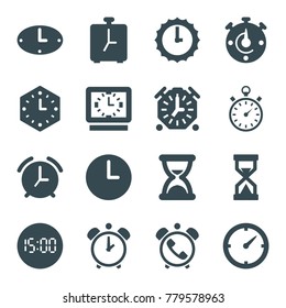 Countdown icons. set of 16 editable filled countdown icons such as clock, stopwatch, wall clock, sundial, hourglass, digital clock