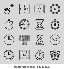 Countdown icons set. set of 16 countdown outline icons such as bomb, hourglass, clock, wall clock