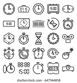 Countdown icons set. set of 25 countdown outline icons such as alarm, bomb, time, wall clock, digital time, sundial, hourglass, clock, stopwatch