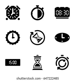 Countdown icons set. set of 9 countdown filled icons such as hourglass, wall clock, sundial, digital clock