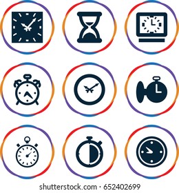 Countdown icons set. set of 9 countdown filled icons such as alarm, clock, stopwatch, wall clock