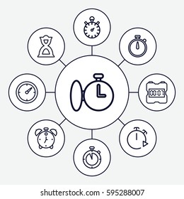 countdown icons set. Set of 9 countdown outline icons such as hourglass, clock, stopwatch, alarm