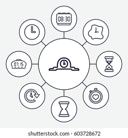 Countdown icons set. set of 9 countdown outline icons such as stopwatch, time, wall clock, hourglass, clock