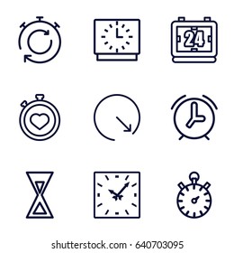 Countdown icons set. set of 9 countdown outline icons such as stopwatch, wall clock, hourglass, clock