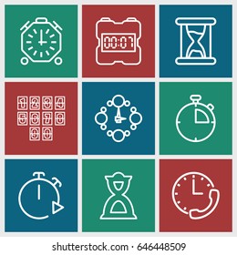 Countdown icons set. set of 9 countdown outline icons such as hourglass, wall clock, digital clock