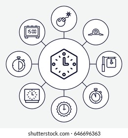 Countdown icons set. set of 9 countdown outline icons such as bomb, wall clock, sundial, clock, digital clock