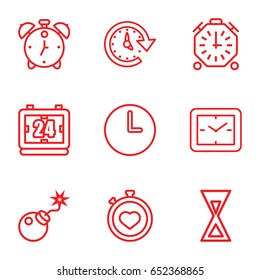 Countdown icons set. set of 9 countdown outline icons such as stopwatch, bomb, time, wall clock, hourglass, clock