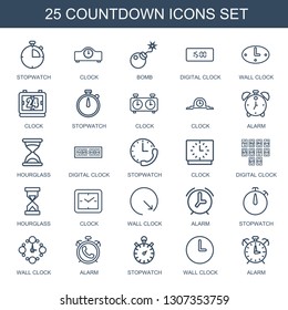 countdown icons. Trendy 25 countdown icons. Contain icons such as stopwatch, clock, bomb, digital clock, wall clock, alarm, hourglass. countdown icon for web and mobile.