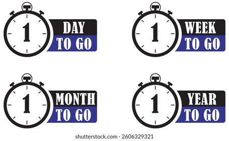 Countdown labels with stopwatch symbols showing one day, week, month, and year to go, designed for reminders, events, schedules, and important deadlines.