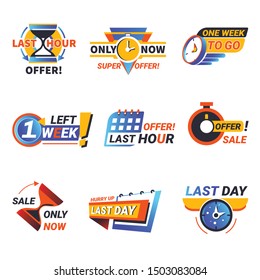 Countdown and last minute or day and week offer, count time sale isolated icon vector. One day sales and 24 hour promo stickers. Business limited special promotions, best deal badges, emblems or logo