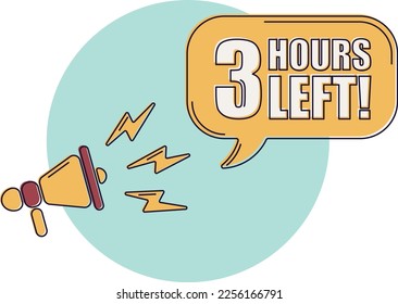 Countdown left 3 hours banner. Count time sale. Icons with color shapes. Comic style.
