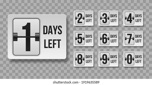 Countdown left days. Count time sale. Nine, eight, seven, six, five, four, three, two, one, zero days left.