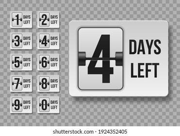 Countdown left days. Count time sale. Nine, eight, seven, six, five, four, three, two, one, zero days left.