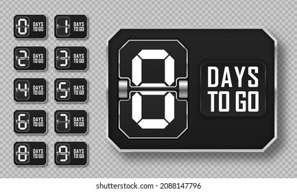 Countdown left days. Count time sale. Nine, eight, seven, six, five, four, three, two, one, zero days left.