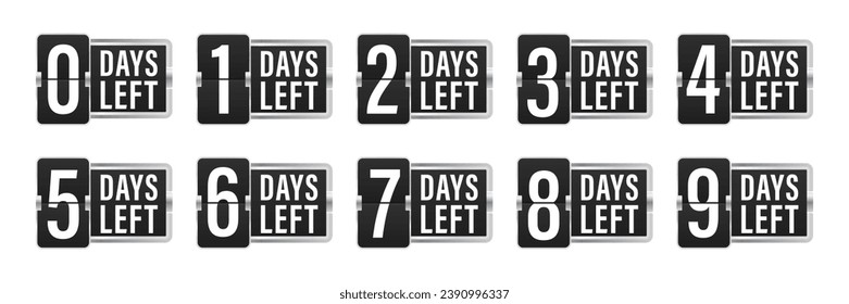 Countdown left days. Count time sale. Nine, eight, seven, six, five, four, three, two, one, zero days left. Number of days remaining for sales and promotion. Vector illustration