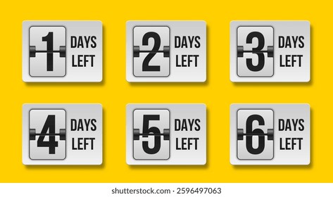 Countdown left days. Count time sale. Flip clock showing how much left days. Set of mechanical scoreboard digits. Sale days.