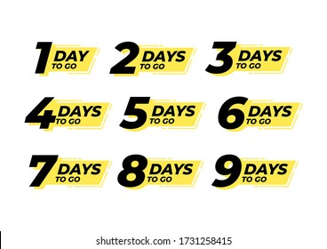 Countdown left days label. count time sale. Nine, eight, seven, six, five, four, three, two, one days left.