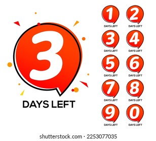 Countdown left days. One two three day left number, count time sale week banner