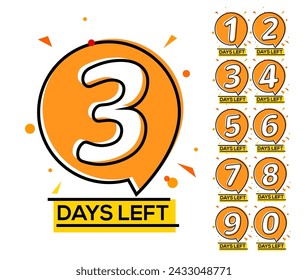 Countdown left days. One two three day left number, count time sale week banner