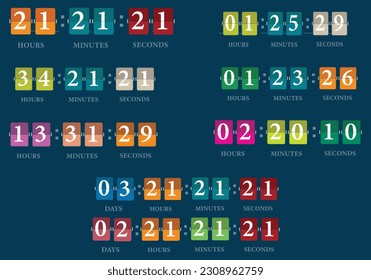 Countdown mechanical clock on digits board panel in flat style with different colors. Vector illustration.